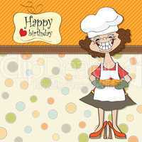 birthday greeting card with funny woman and pie