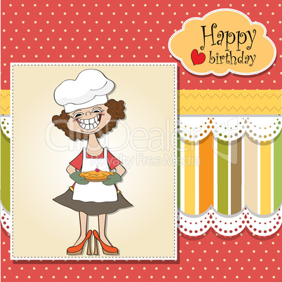 birthday greeting card with funny woman and pie