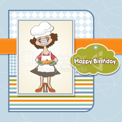 birthday greeting card with funny woman and pie