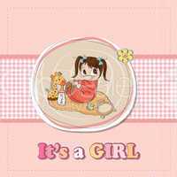 little baby girl play with her toys. baby girl shower card