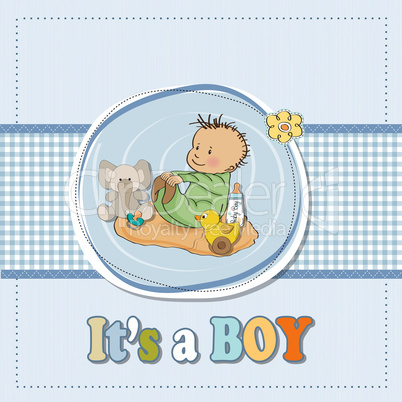 little baby boy play with his toys.baby shower card in vector fo