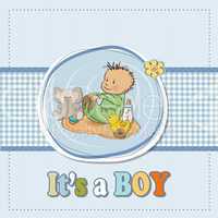 little baby boy play with his toys.baby shower card in vector fo