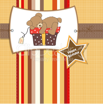 birthday greeting card with teddy bear and big gift box