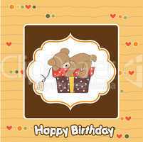 birthday greeting card with teddy bear and big gift box