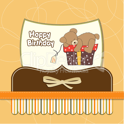 birthday greeting card with teddy bear and big gift box