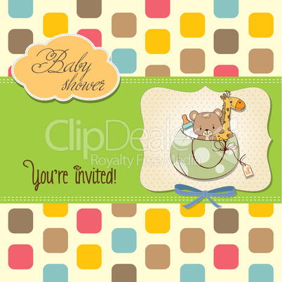 new baby announcement card with bag and same toys