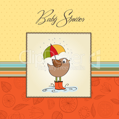 baby shower card with little bird stand in the rain