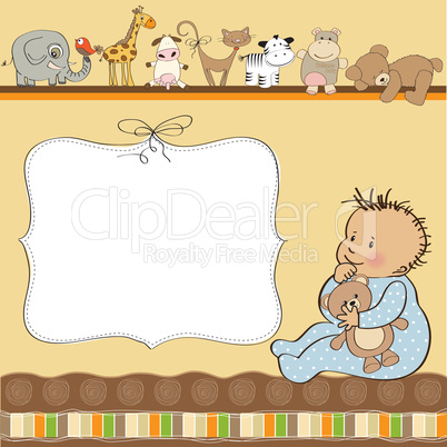 new baby boy announcement card with baby and his toy