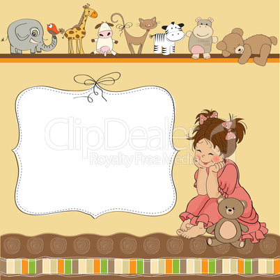 birthday card template with little girl and toys
