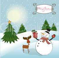 Christmas greeting card with snowman