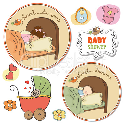 new baby items set on white background