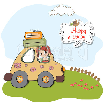 happy woman going on holiday by car