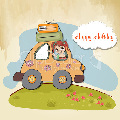 happy woman going on holiday by car