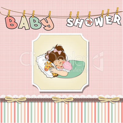 baby shower card with little girl and her toy