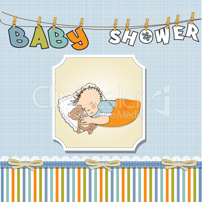 baby shower card with little baby boy sleep with his teddy bear