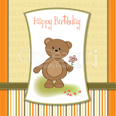 happy birthday card with teddy bear and flower