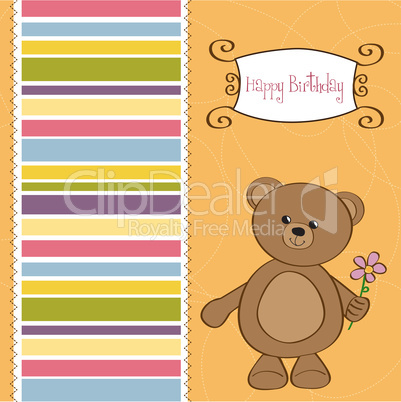 happy birthday card with teddy bear and flower