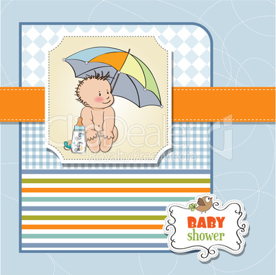 baby boy shower card with funny baby under his umbrella