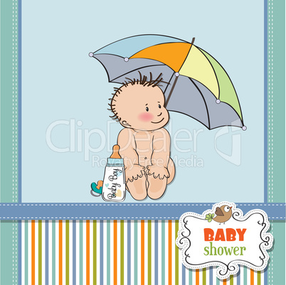 baby boy shower card with funny baby under his umbrella