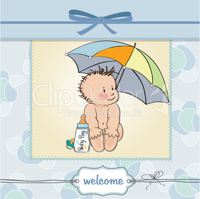 baby boy shower card with funny baby under his umbrella