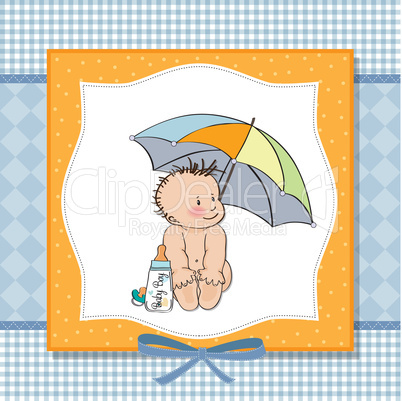 baby boy shower card with funny baby under his umbrella