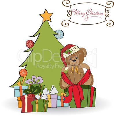 cute teddy bear with a big Christmas gift box