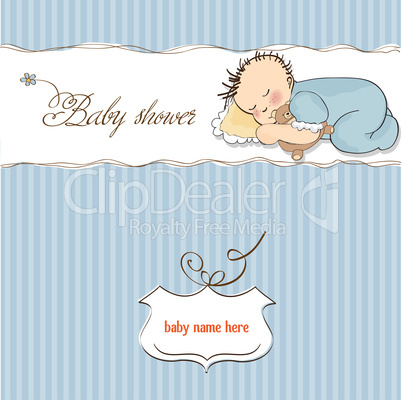 baby shower card with little baby boy sleep with his teddy bear