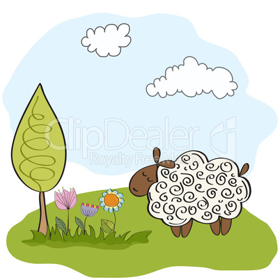 spring greeting card with sheep