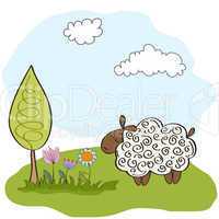 spring greeting card with sheep