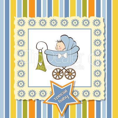 baby boy announcement card with baby and pram