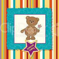 baby announcement card with teddy bear and flower