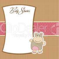 childish baby girl announcement card with hippo toy