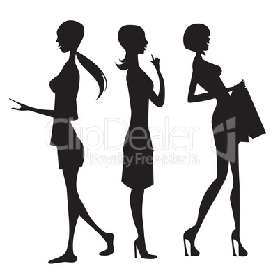 silhouette of three cute fashion girls isolated on white backgro