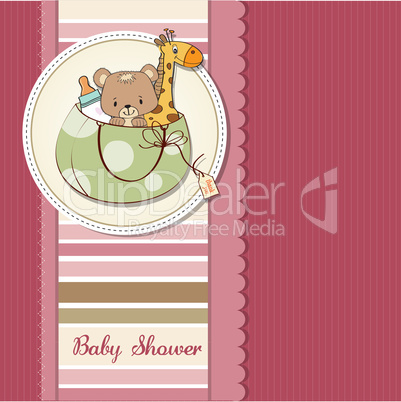 new baby announcement card with bag and same toys