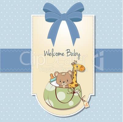 new baby announcement card with bag and same toys