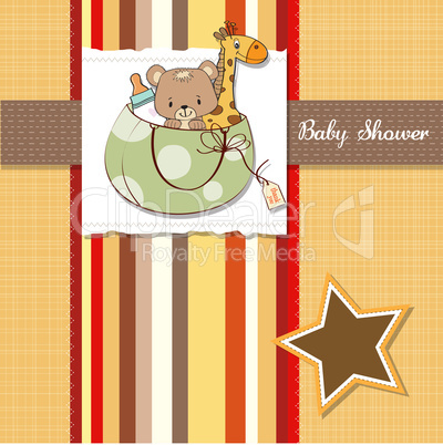 new baby announcement card with bag and same toys