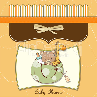 new baby announcement card with bag and same toys