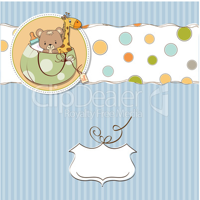 new baby announcement card with bag and same toys