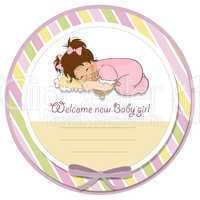 baby shower card with little baby girl play with her teddy bear