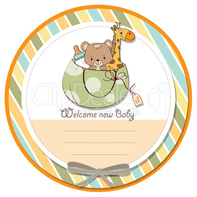 new baby announcement card with bag and same toys