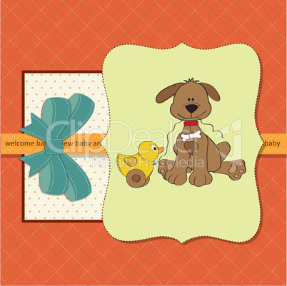 baby shower card with dog and duck toy