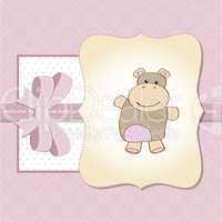 childish baby girl announcement card with hippo toy