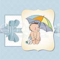 baby boy shower card with funny baby under his umbrella