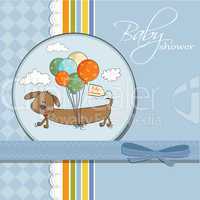 baby shower card with long dog and balloons