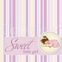 baby shower card with little baby girl play with her teddy bear