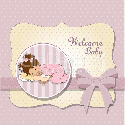 baby shower card with little baby girl play with her teddy bear