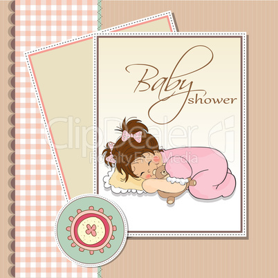 baby shower card with little baby girl play with her teddy bear