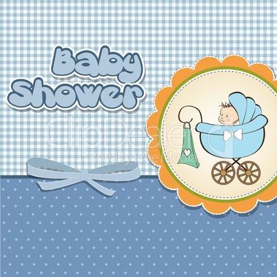 baby boy announcement card with baby and pram