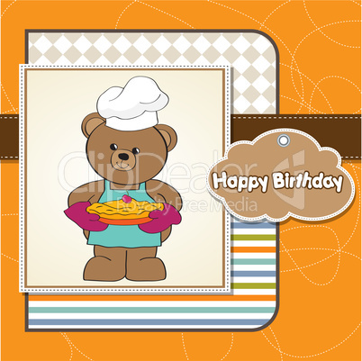 teddy bear with pie. birthday greeting card