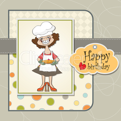 birthday greeting card with funny woman and pie